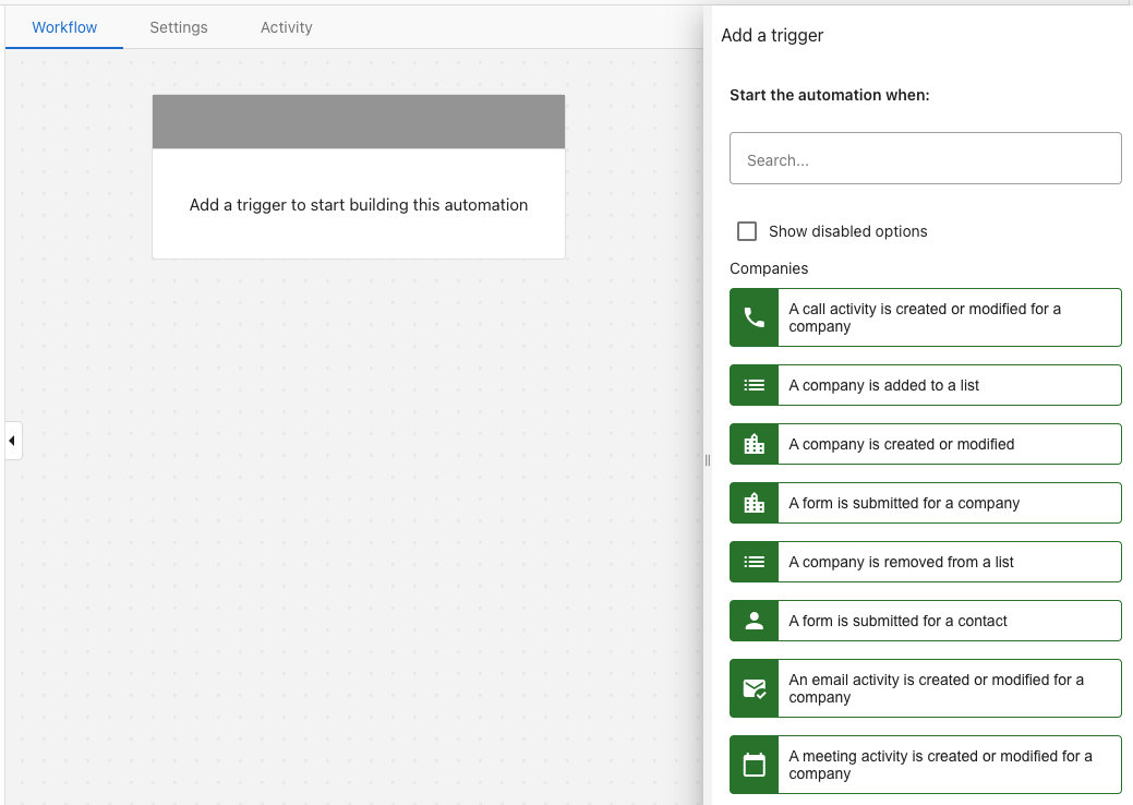 Automation builder interface showing workflow canvas and trigger selection panel